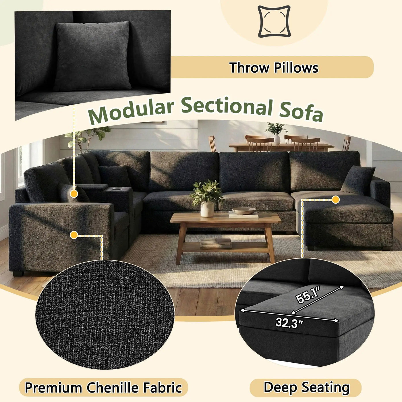 Modular 5 Seat U-Shape Sectional Sofa With Chaise Lounge, Built In Cup Holders And Storage Drawer by Unique Piece Furniture