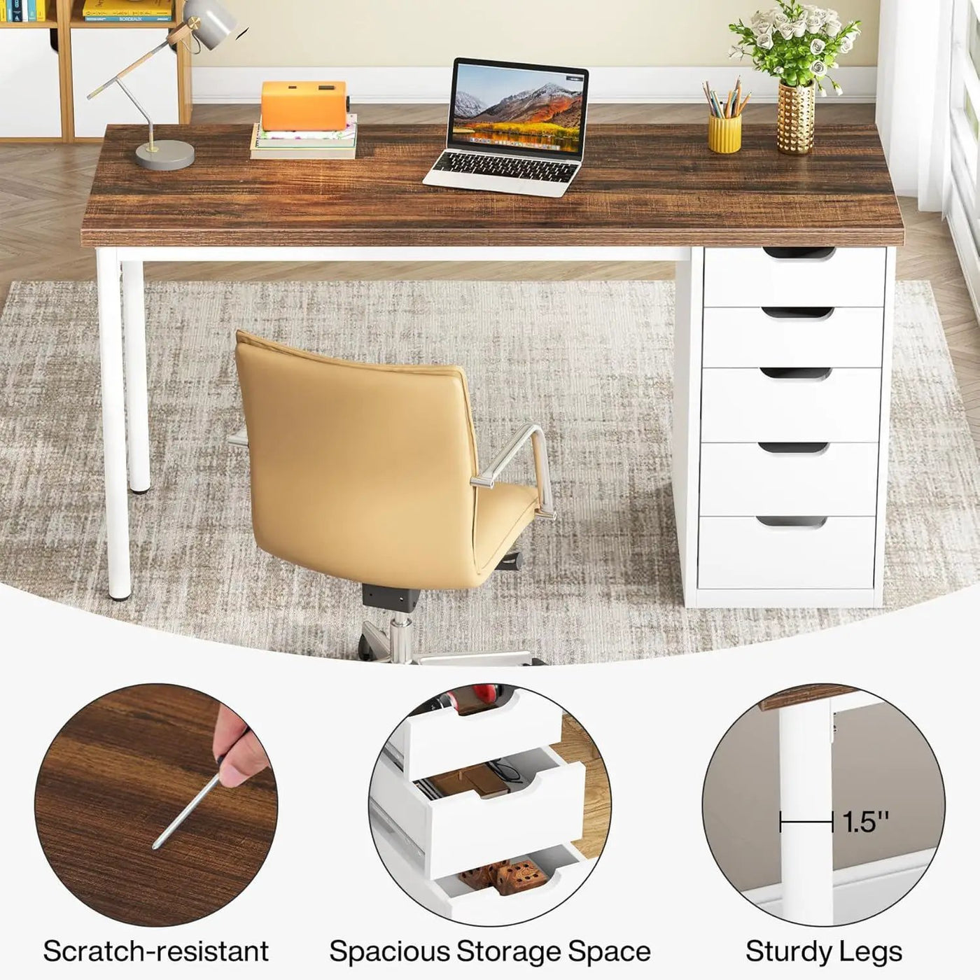 Computer Desk With 5 Drawers, Reversible Cabinet Design by HouseOfZazla