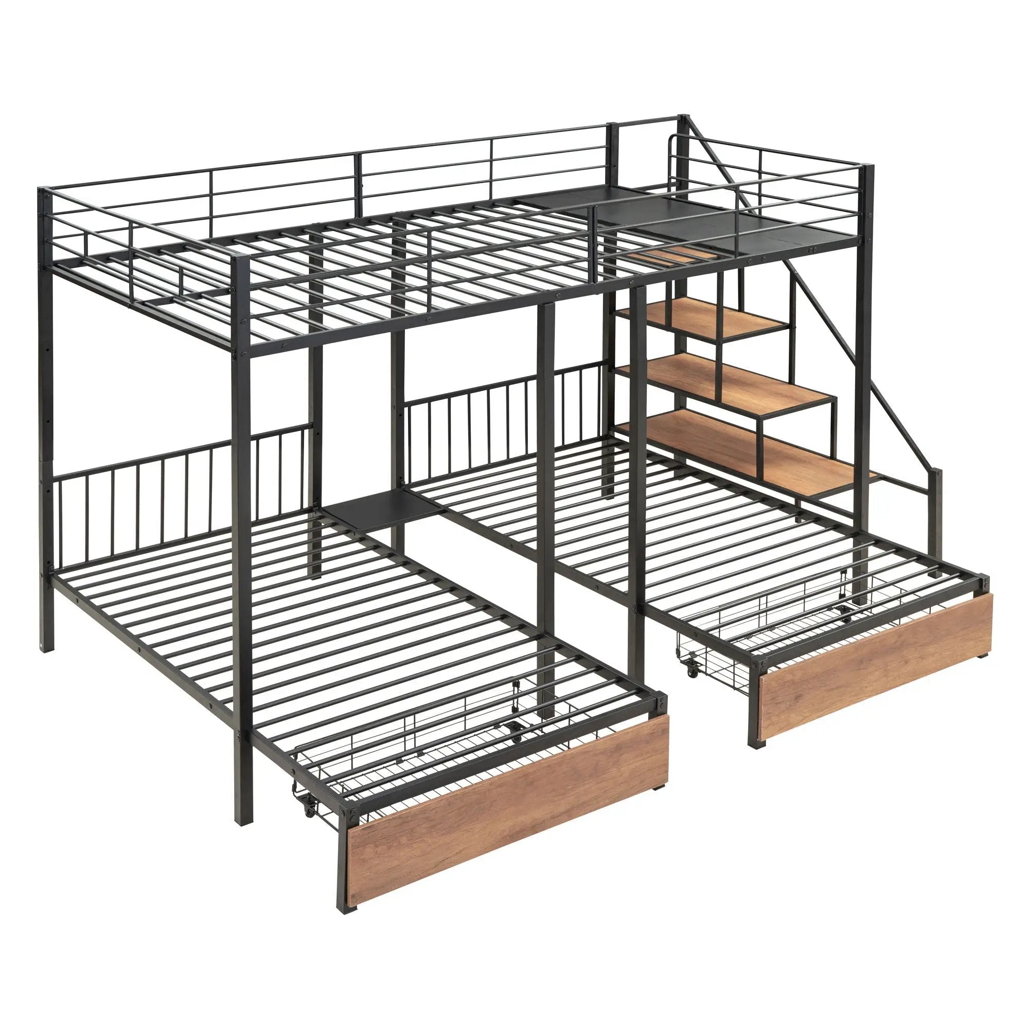 Full Over Twin-Twin Triple Bunk Bed With Drawers And Staircase - Black by Unique Piece Furniture