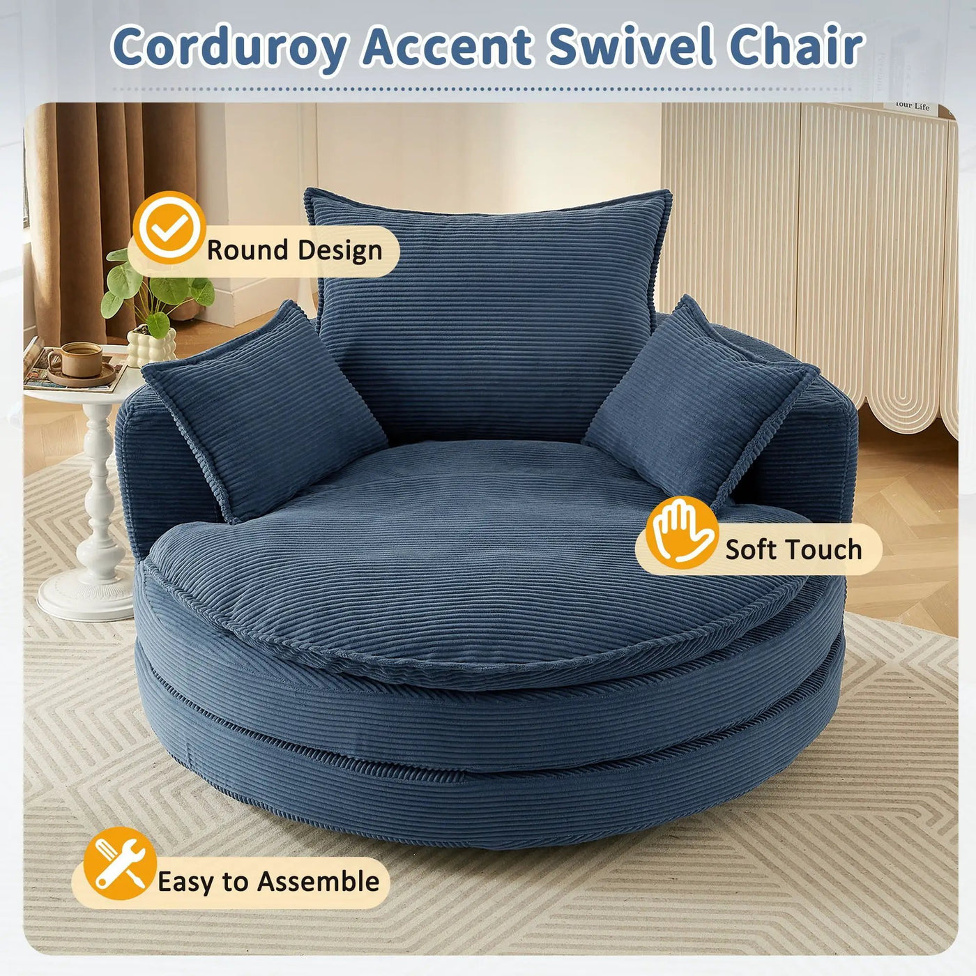 360° Swivel Accent Barrel Chair With Dual Layer Cushion And 3 Removable Pillows by Unique Piece Furniture