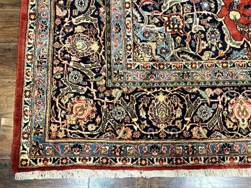 Red Persian Kashan Rug 10x14, Hand-Knotted Semi Antique Floral Medallion Handmade Wool Carpet, Red & Navy Blue by Jewel Rugs