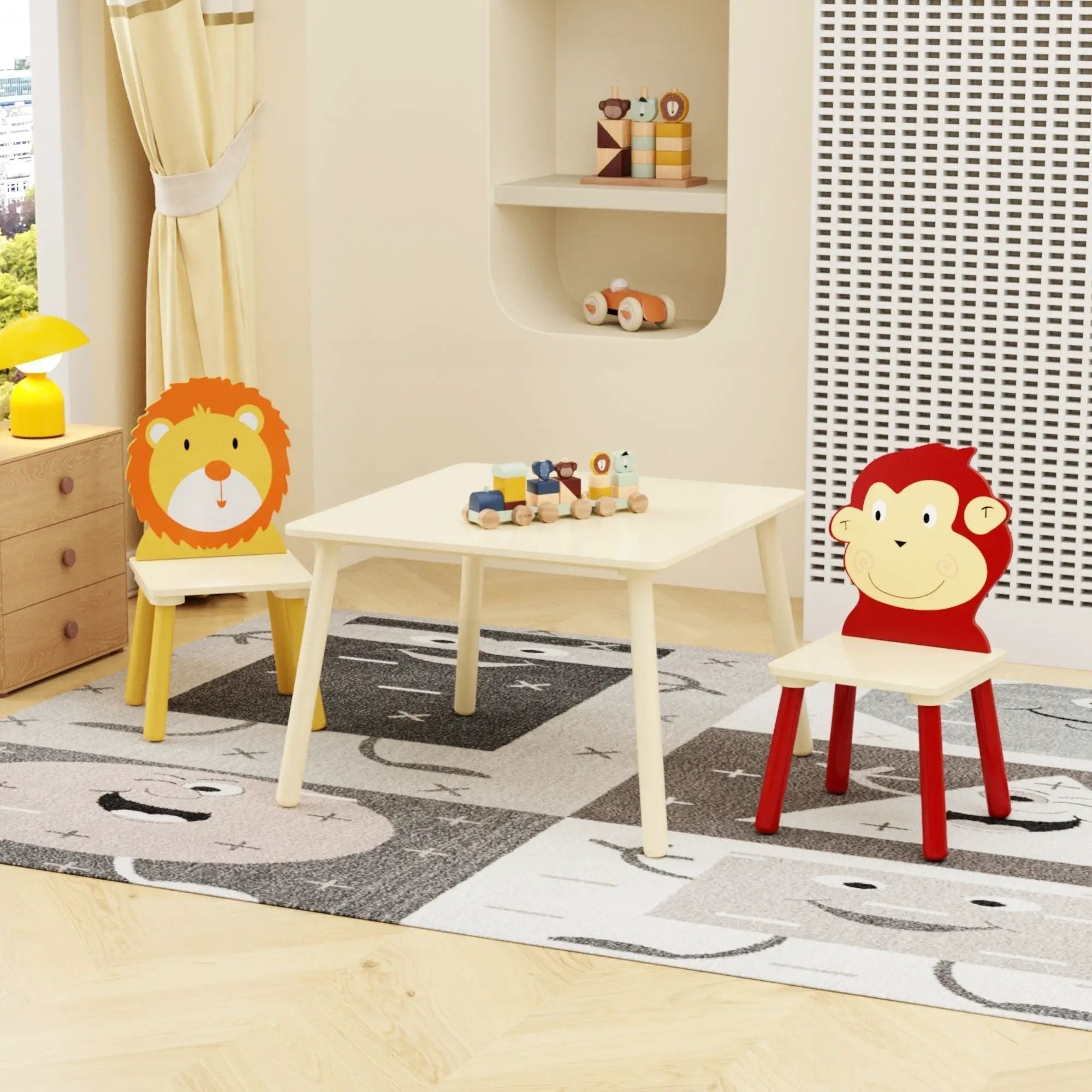 Kids Table And 2 Chairs Set, 3 Pieces Toddler Table And Chair Set, Wooden Activity Play Table Set (Lion&Monkey) - Natural by HouseOfZazla