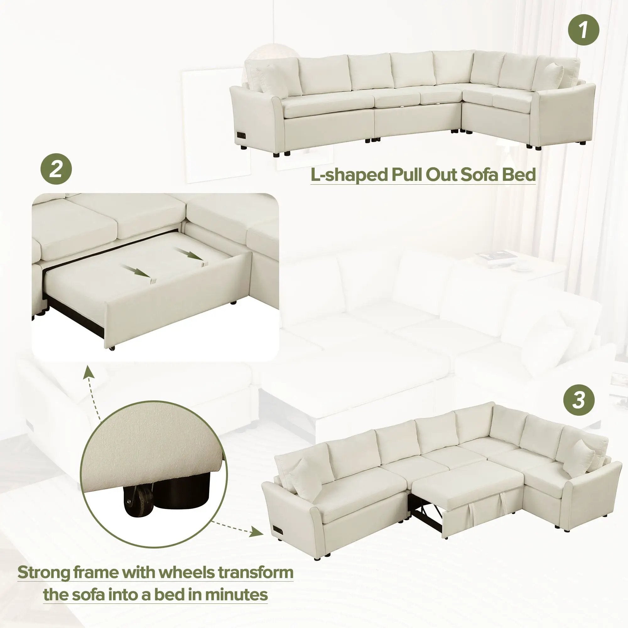 L-Shaped Sofa Convertible Sofa Bed Pull Out Sofa Sleeper With Two Back Pillows, Two USB Ports And Two Power Sockets For Living Room by HouseOfZazla