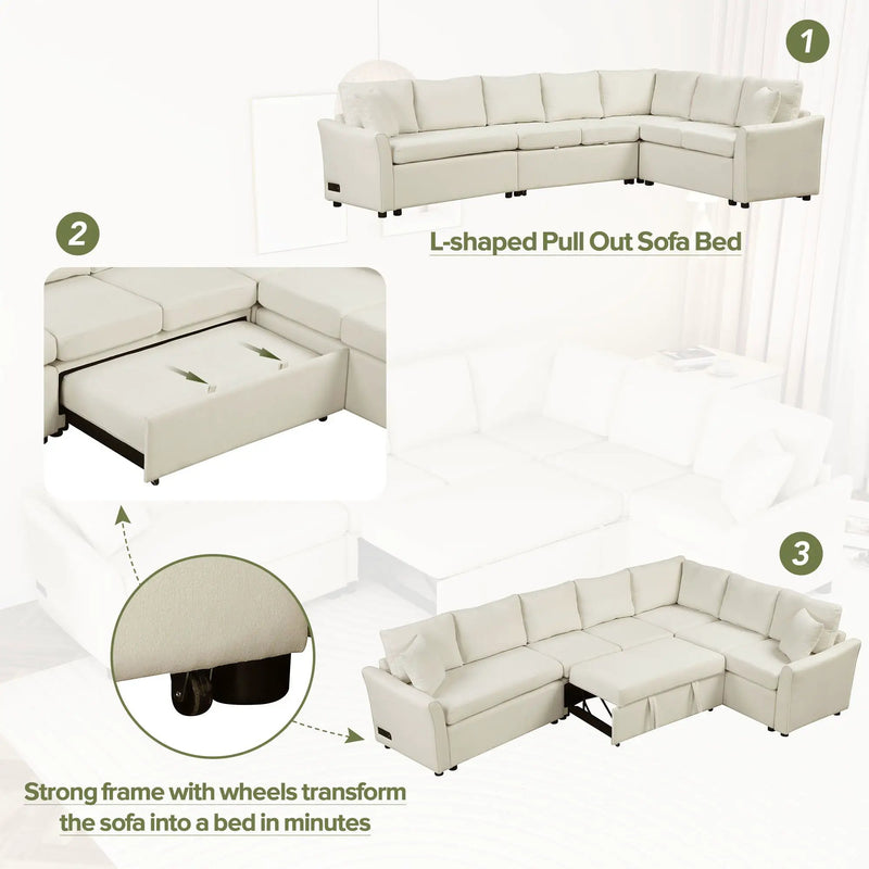 L-Shaped Sofa Convertible Sofa Bed Pull Out Sofa Sleeper With Two Back Pillows, Two USB Ports And Two Power Sockets For Living Room by HouseOfZazla