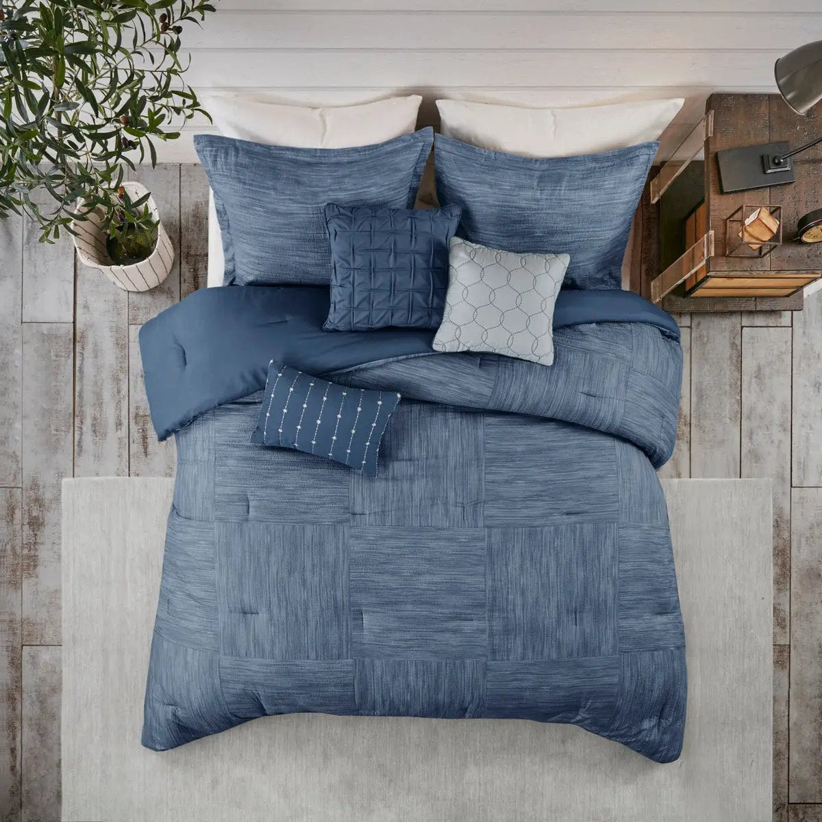 7 Piece Printed Seersucker Comforter Set Navy King by HouseOfZazla
