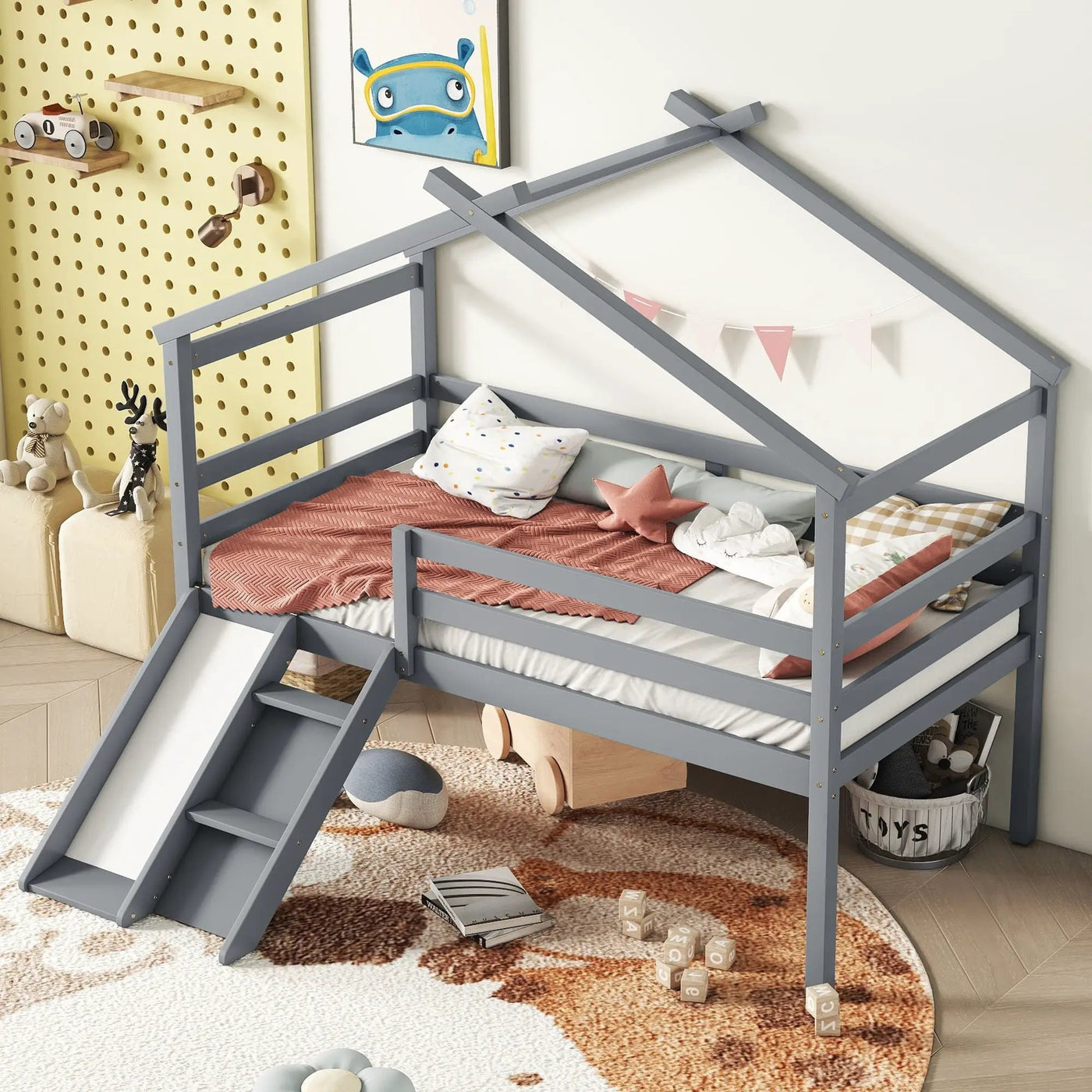 Low Loft House Bed With Slide, Ladder, Safety Guardrails, House Roof Frame by Unique Piece Furniture