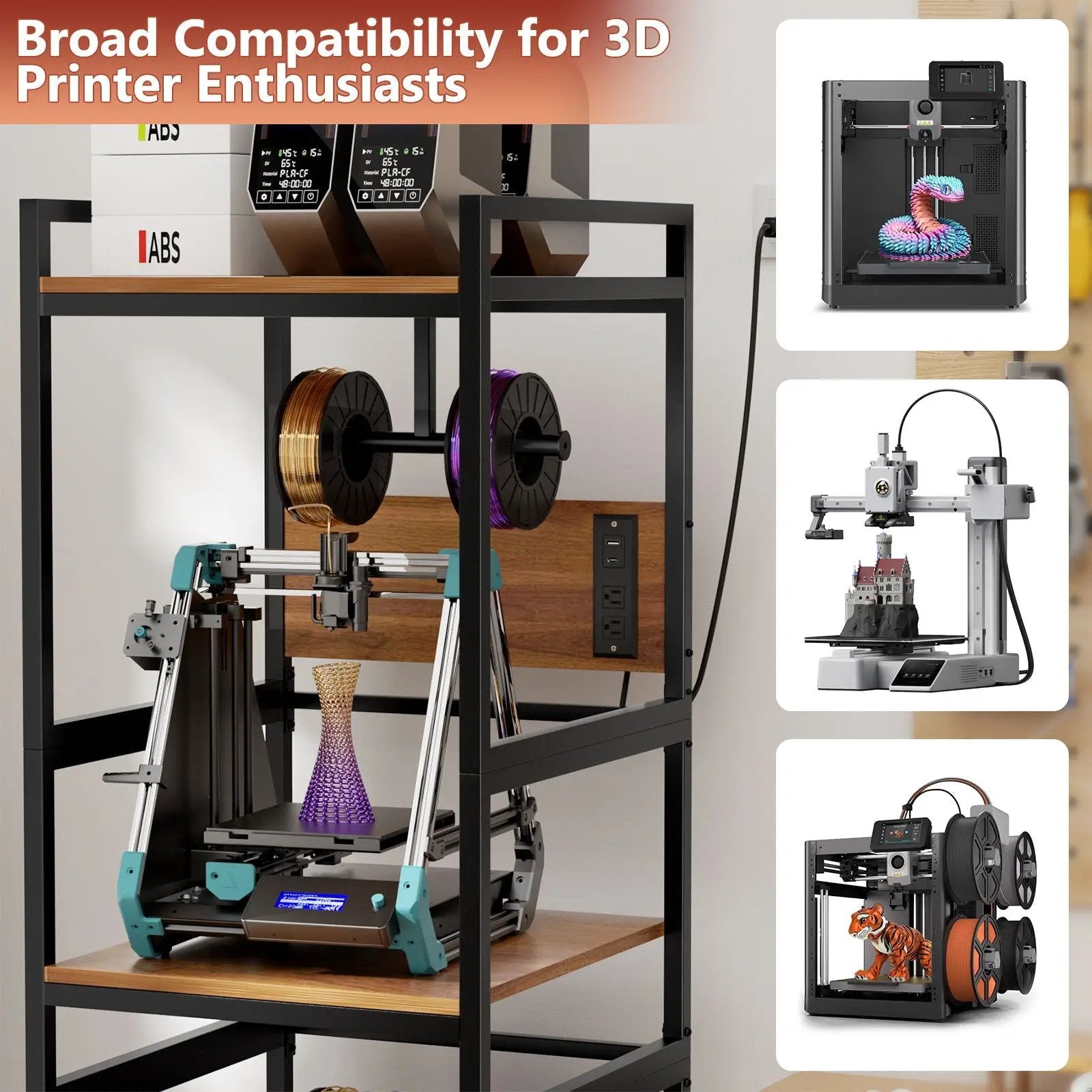 3D Printer Stand With Filament Storage, T-Type Holder, Built In Power Panelб Open Frame Printer Workstation - Black by HouseOfZazla