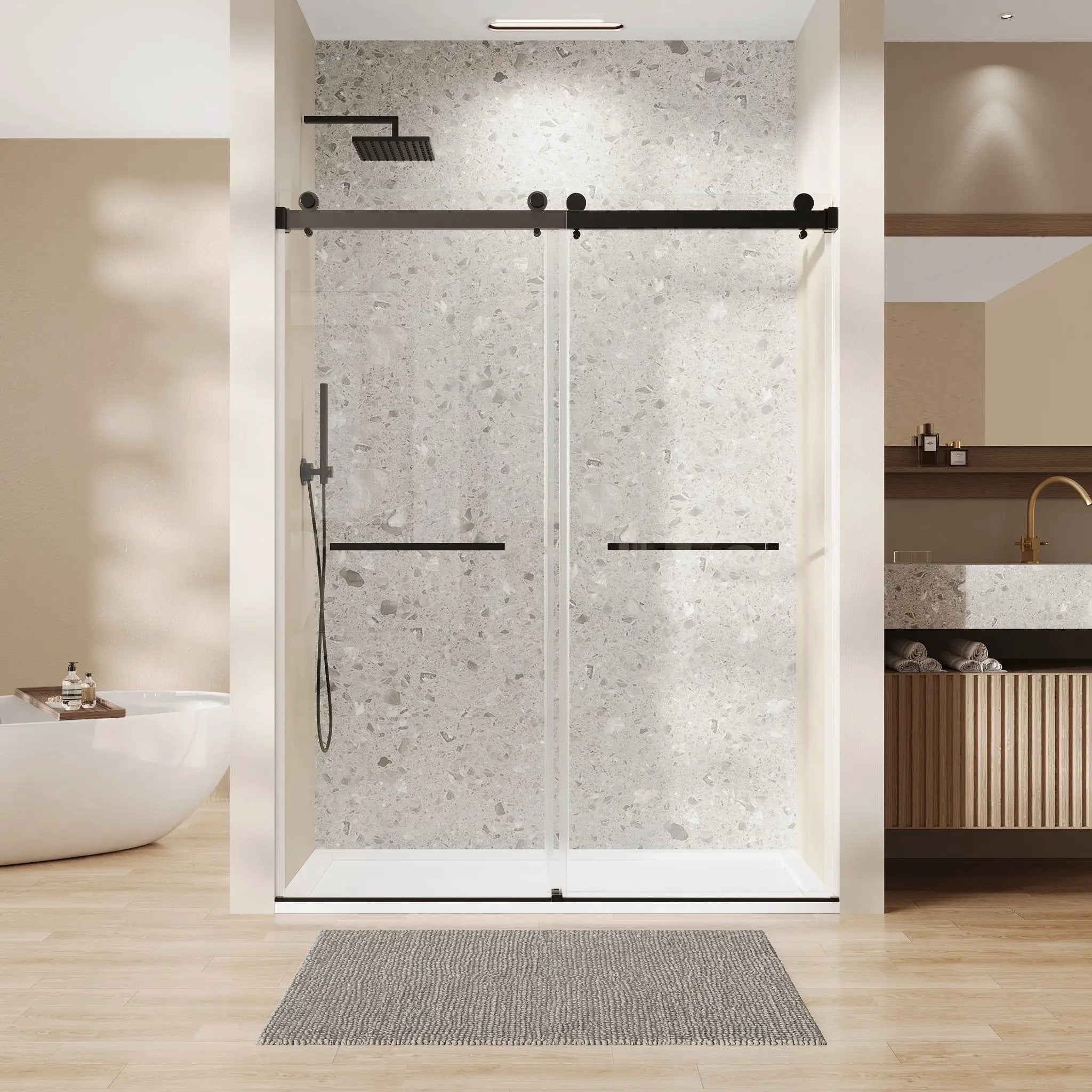 Frameless Double Sliding Soft Close Bathtub Shower Door, 5 / 16" Clear Nano Coated Tempered Glass And 304 Stainless Steel Handle - Matte Black by HouseOfZazla