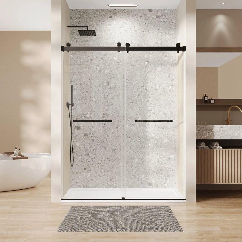 Frameless Double Sliding Soft Close Bathtub Shower Door, 5 / 16" Clear Nano Coated Tempered Glass And 304 Stainless Steel Handle - Matte Black by HouseOfZazla