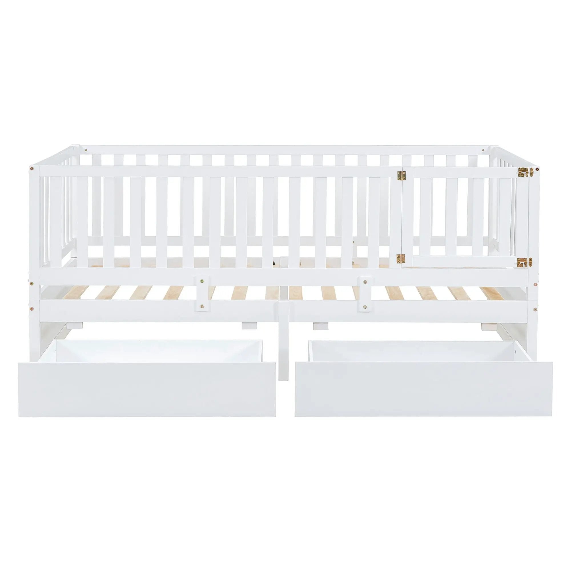 Daybed With Fence Guardrails And 2 Drawers, Split Into Independent Floor Bed & Daybed by HouseOfZazla