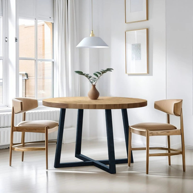 Round Dining Table With Wire Brushed Mindi Top And Mahogany Base - Wheat by HouseOfZazla