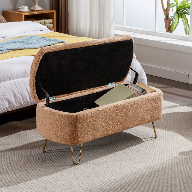 Storage Ottoman Bench For End Of Bed Legs, Modern Camel Faux Fur Entryway Bench Upholstered Padded With Storage For Living Room Bedroom by Unique Piece Furniture