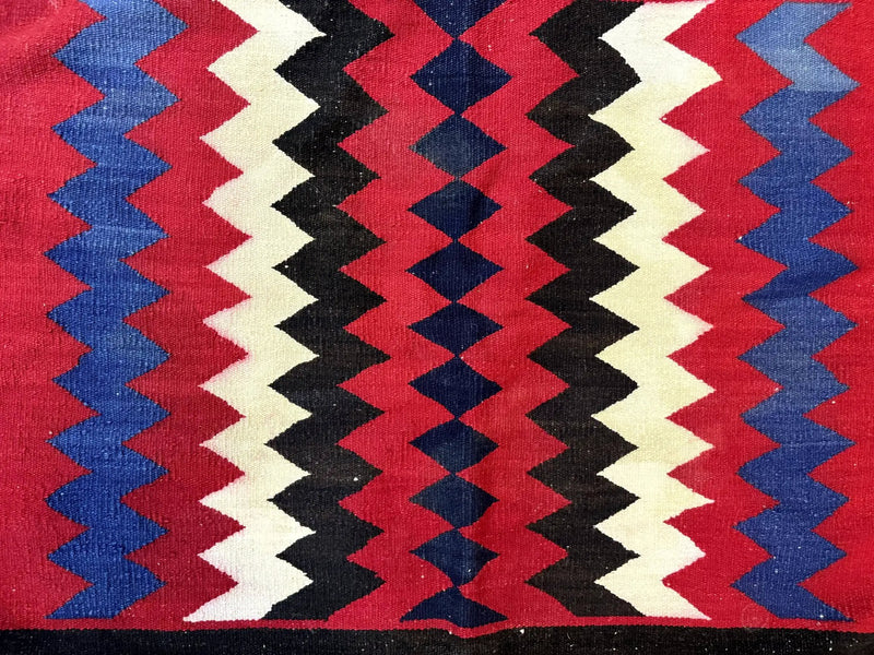 Antique Navajo Rug 3.7 x 2.8, Red Ivory Blue, Zig Zag Pattern, Handmade, Wool by Jewel Rugs