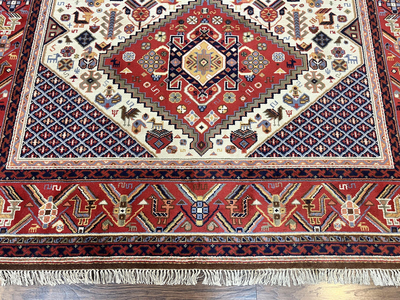 Belgium Power Loomed Rug 8x12, Geometric Medallions Persian Tribal Pattern, Vintage Wool Carpet, Ivory Red Blue by Jewel Rugs