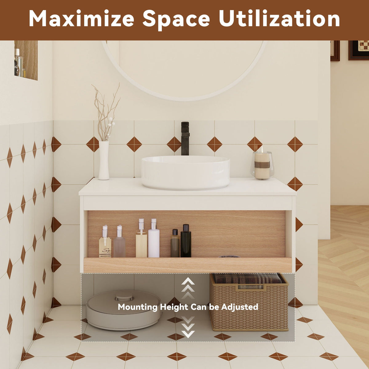 Floating Bathroom Vanity With Glossy Round Vessel Sink, photo 38 of 40