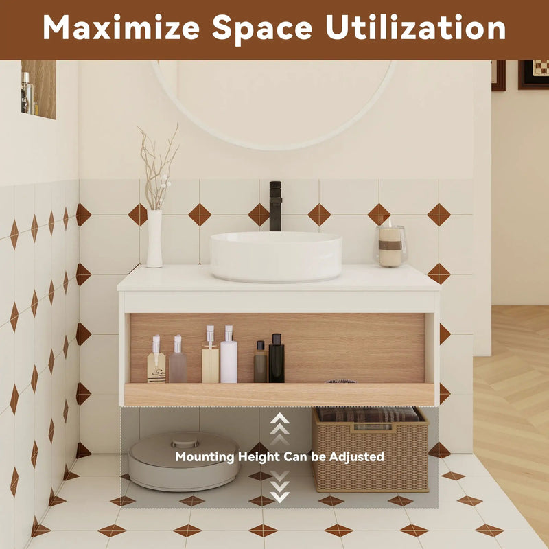 Floating Bathroom Vanity With Glossy Round Vessel Sink