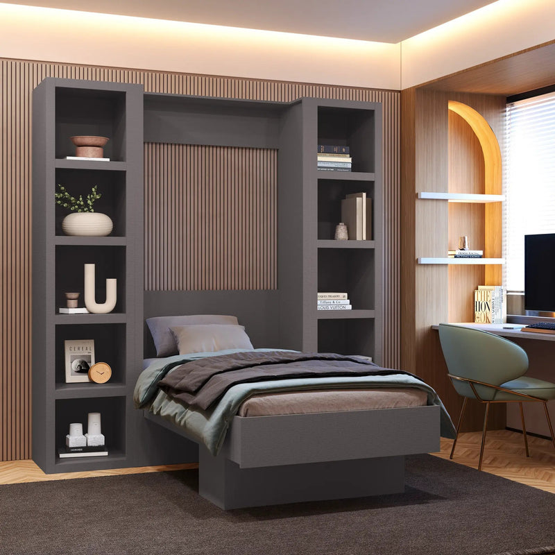 Easy-Lift Twin Murphy Wall Bed in Dark Grey with Two Bookshelves by Sharicks