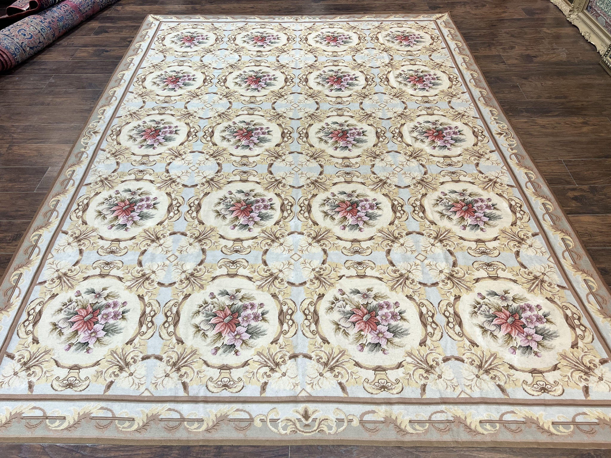 Chinese Needlepoint Rug 8x11, Handmade Wool Needlepoint Carpet, Vintage, Sky Blue by Jewel Rugs