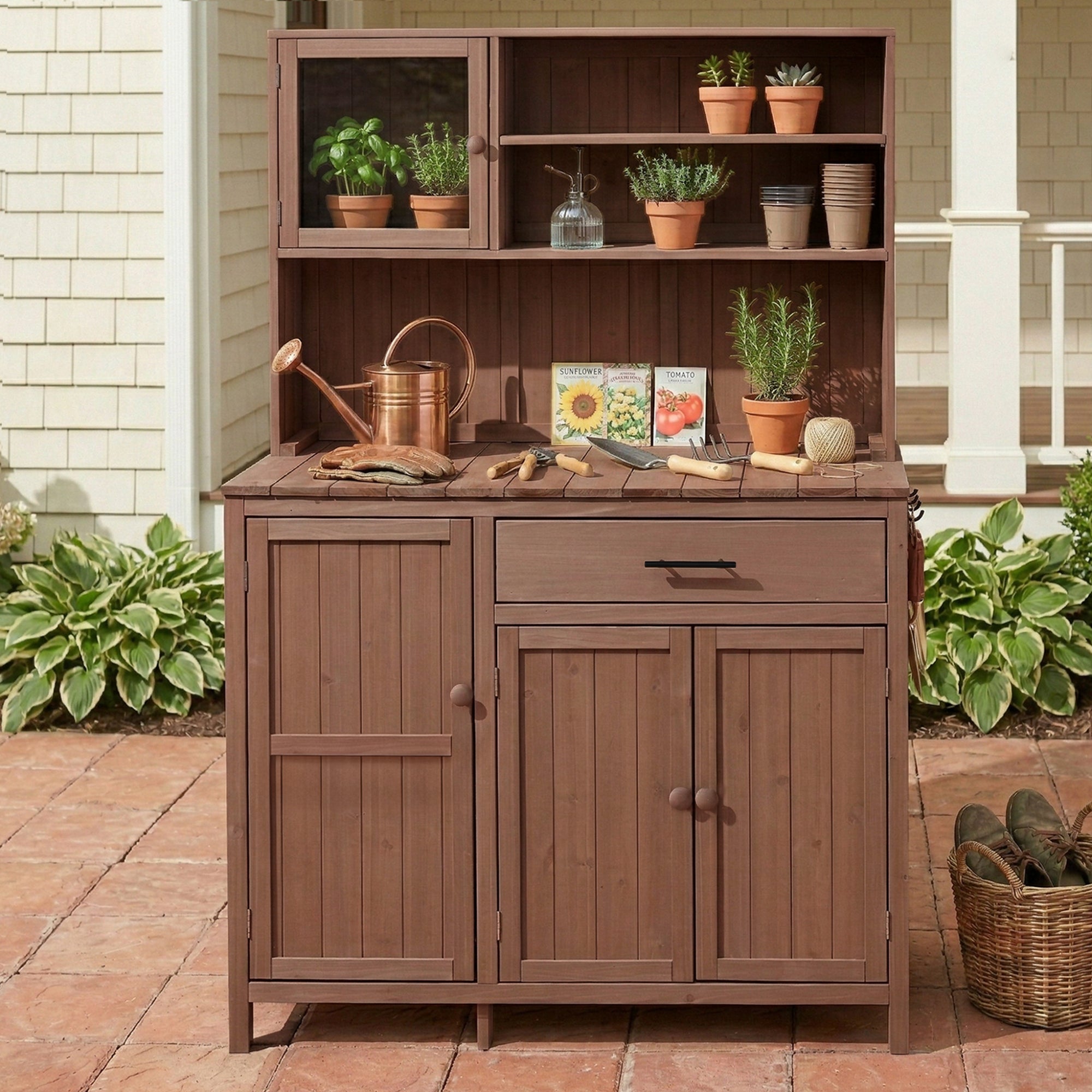 TOPAMX Potting Bench with Hutch, Solid Fir Wood Garden Workstation by HouseOfZazla