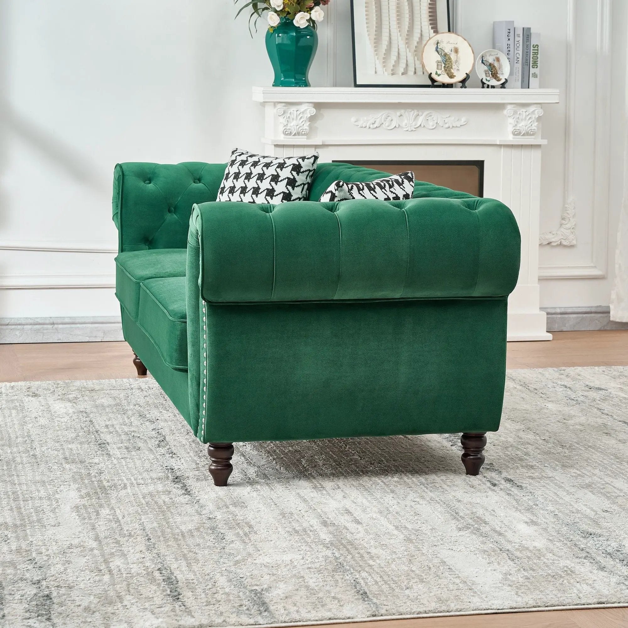 Chesterfield Fabric Sofa With Roll Armrest And Nailhead, Mid Century 2 Seater Couch by Unique Piece Furniture