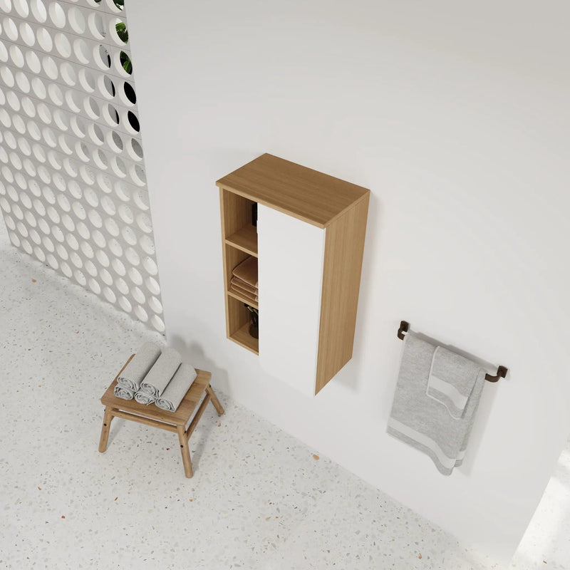 Wall Mounted Bathroom Side Cabinet, Single Door With 3 Tier Open Shelves - Black / Light Oak / White by HouseOfZazla