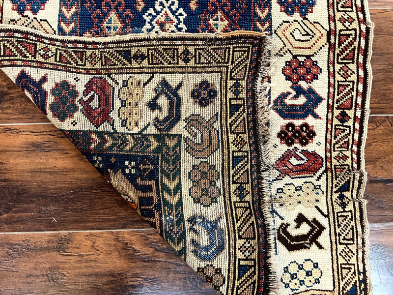 Antique Caucasian Kazak Rug 2.5 x 4, Navy Blue and Ivory, Hand Knotted Handmade Wool Rug by Jewel Rugs