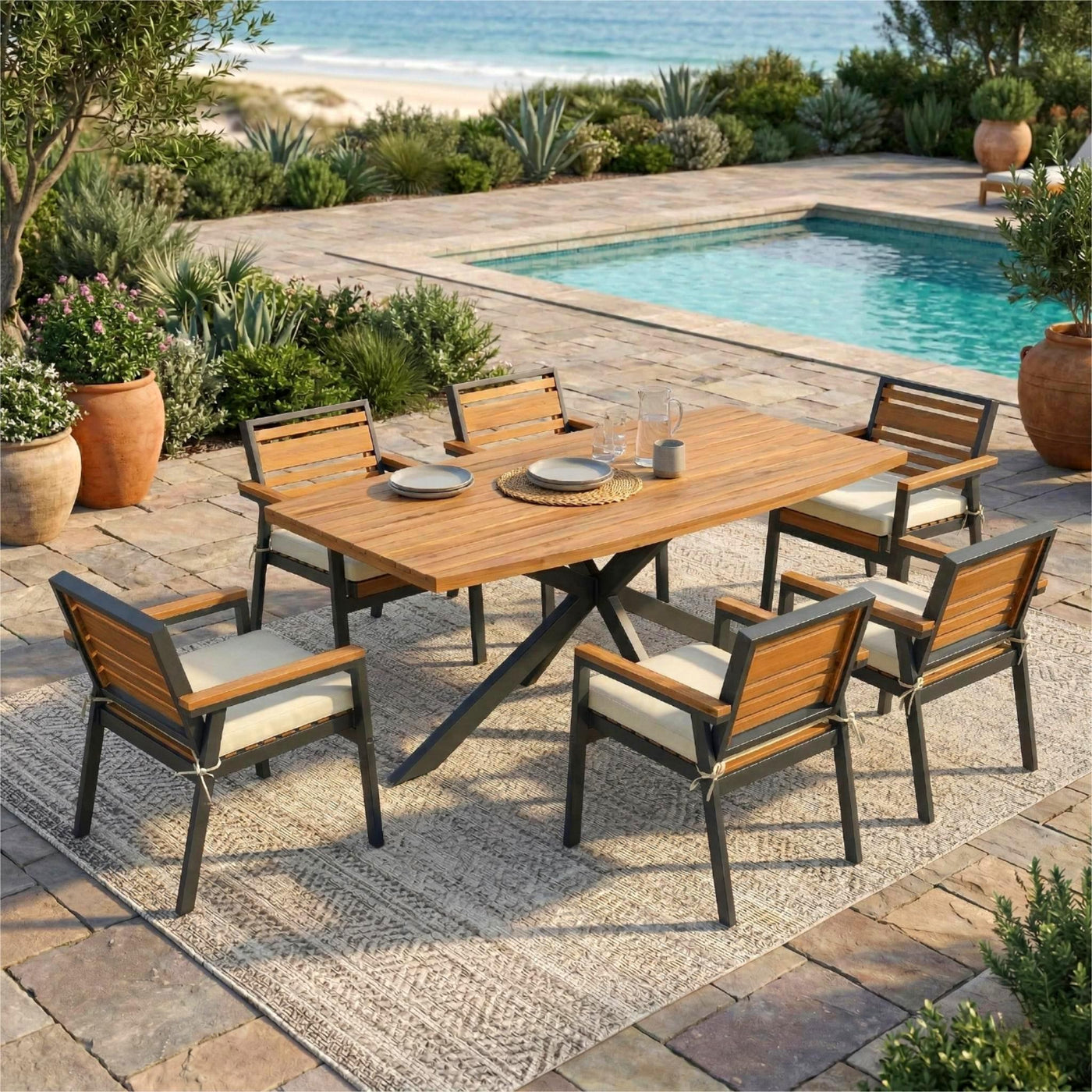 Modern 7-Piece Dining Set with Acacia Wood and Iron Frame by HouseOfZazla