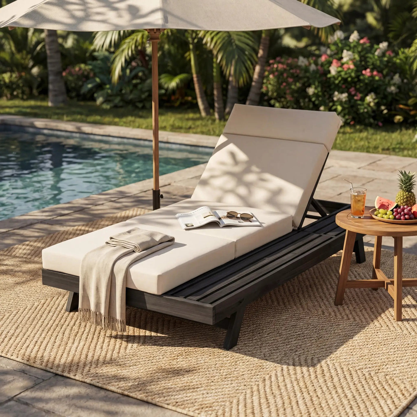 Lounge Chaise Set with Headrest, Acacia Wood by HouseOfZazla