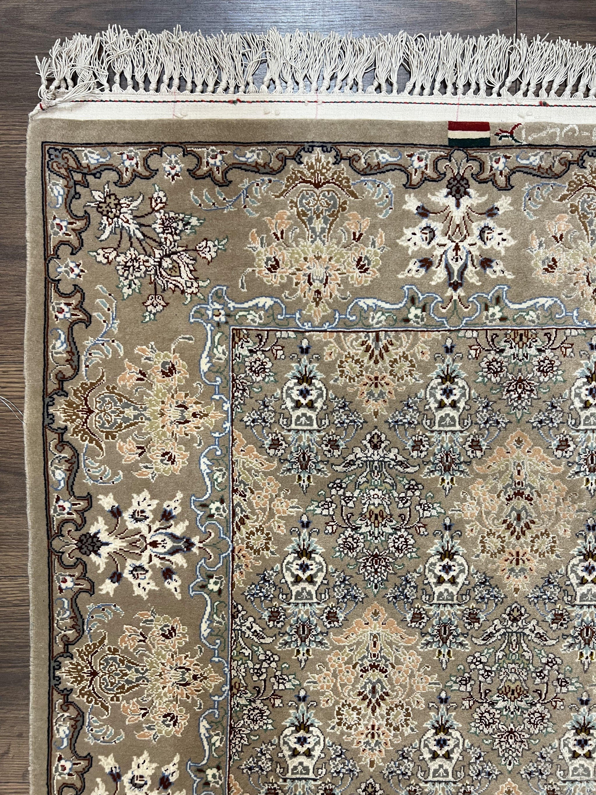 Super Fine Persian Isfahan Rug 3x5 ft, Kork Wool on Silk Foundation, Repeated Floral Motif, Taupe Tan Hand Knotted Oriental Carpet 3 x 5 ft, Signed by Jewel Rugs