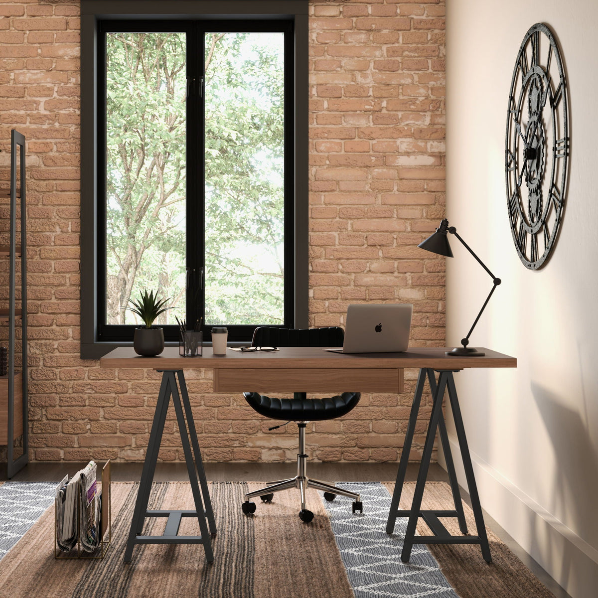 Handcrafted Solid Writing Desk with Sawhorse Metal Supports - Dark Brown, photo 12 of 13