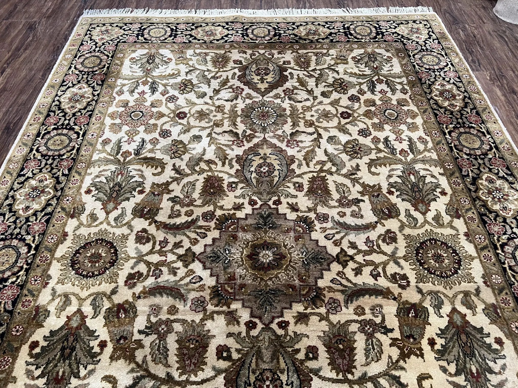 Indo Mahal Rug 6x9, Indian Floral Carpet 6 x 9, Beige and Black, Allover Design, Living Room Rug, Bedroom Rug, Traditional Rug, Vintage Rug by Jewel Rugs