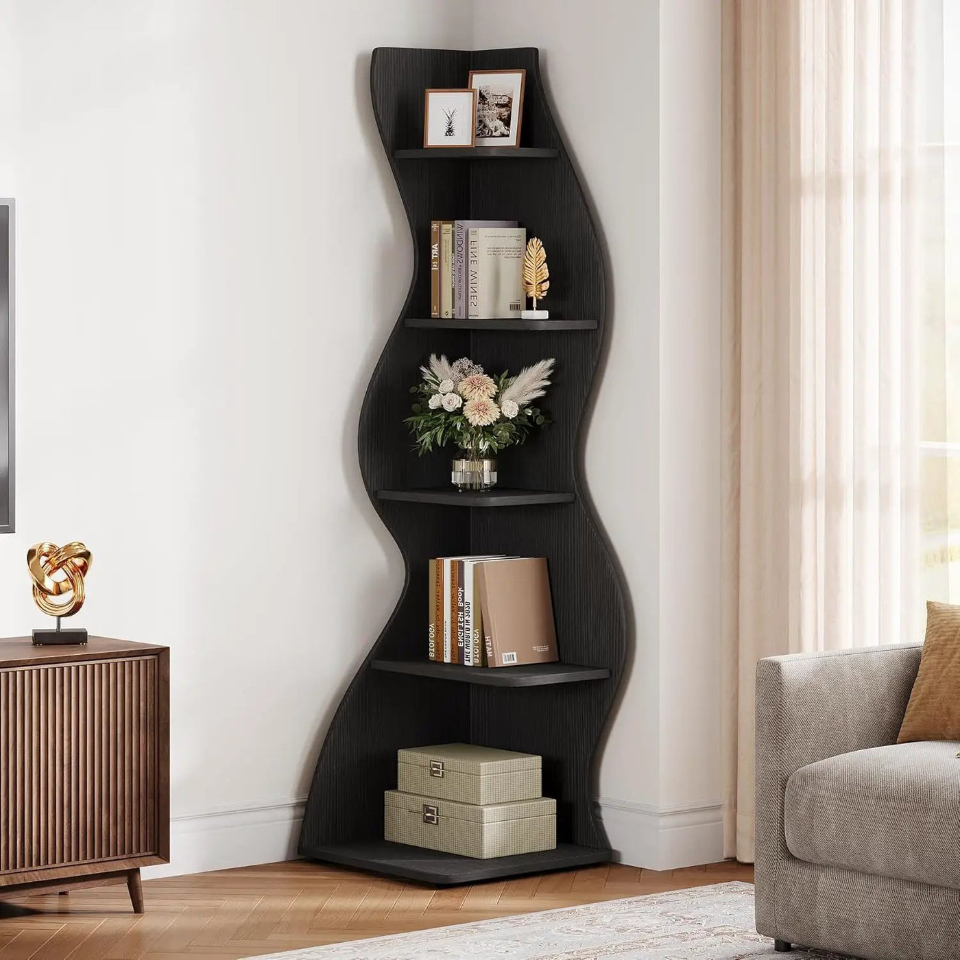 5 Tier Wavy Corner Bookshelf And Plant Stand For Living Room by HouseOfZazla