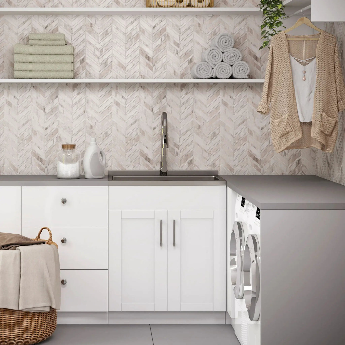 Shaker - Modern Wide, Laundry Cabinet With Faucet And Stainless Steel Sink by HouseOfZazla