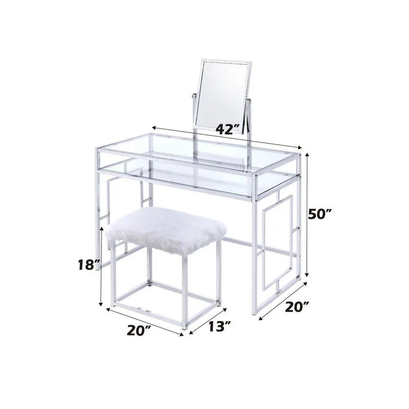 Carenze II - Vanity Set - White Faux Fur & Chrome by Unique Piece Furniture