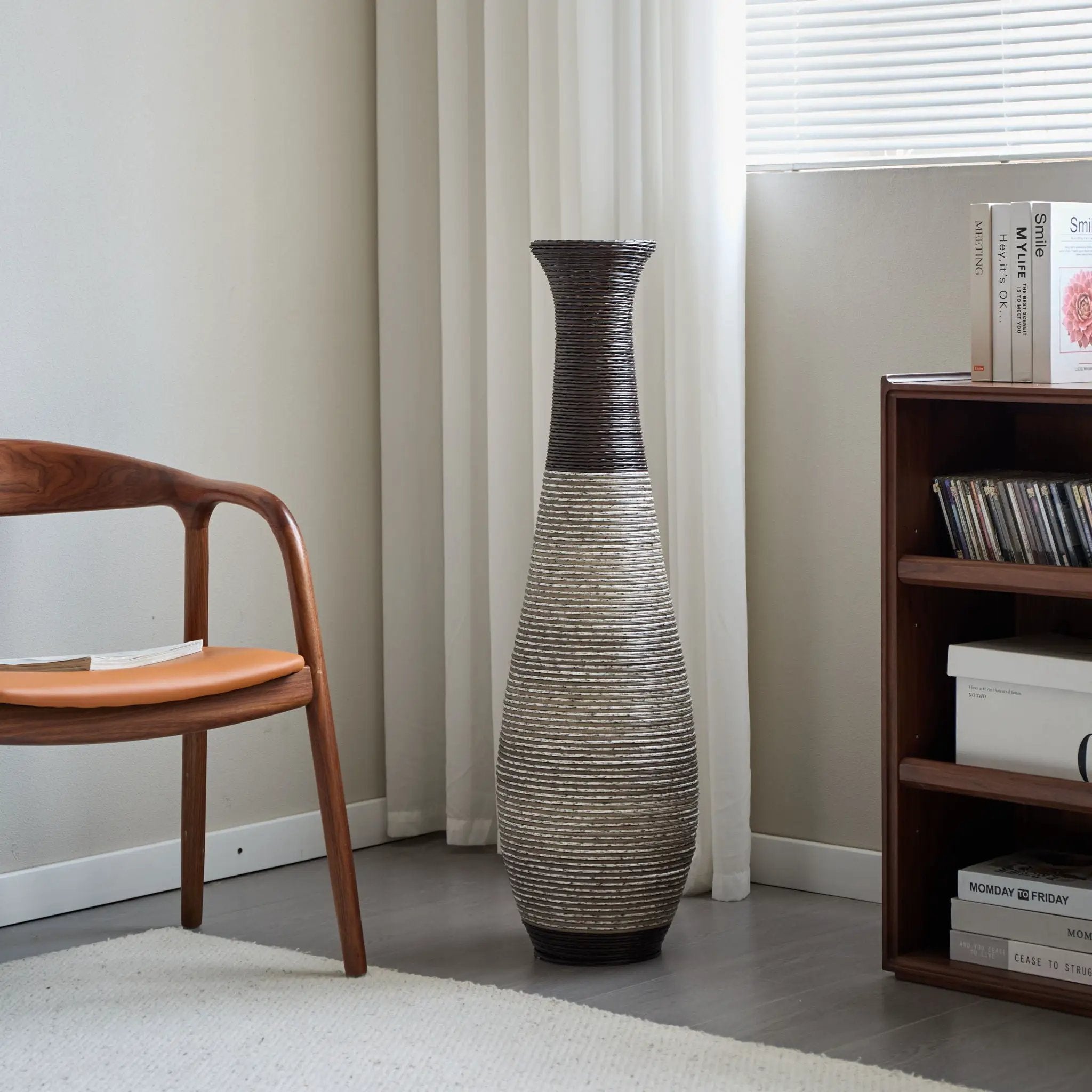 Tall Standing Designer Floor Vase Durable Artificial Rattan Elegant 2 Tone Finish Ideal Decor Accent For Living Room, Bedroom, Entryway Stylish Home Decor Statement Piece - Black / Gray by Unique Piece Furniture