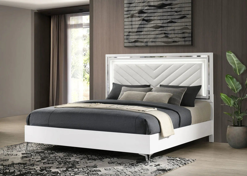 Cassia Eastern King LED Panel Bed White High Gloss by Unique Piece Furniture