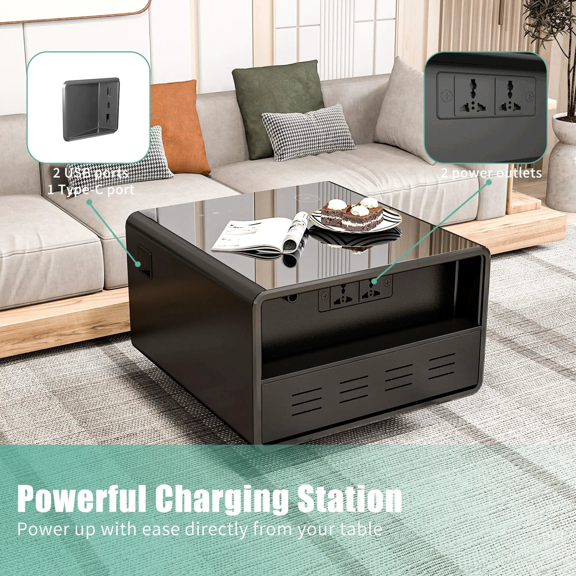 Modern Smart Side Table With Built-In Fridge, Wireless Charging, Temperature Control, Power Socket, USB Ports, Outlet Protection, Induction Light by Unique Piece Furniture