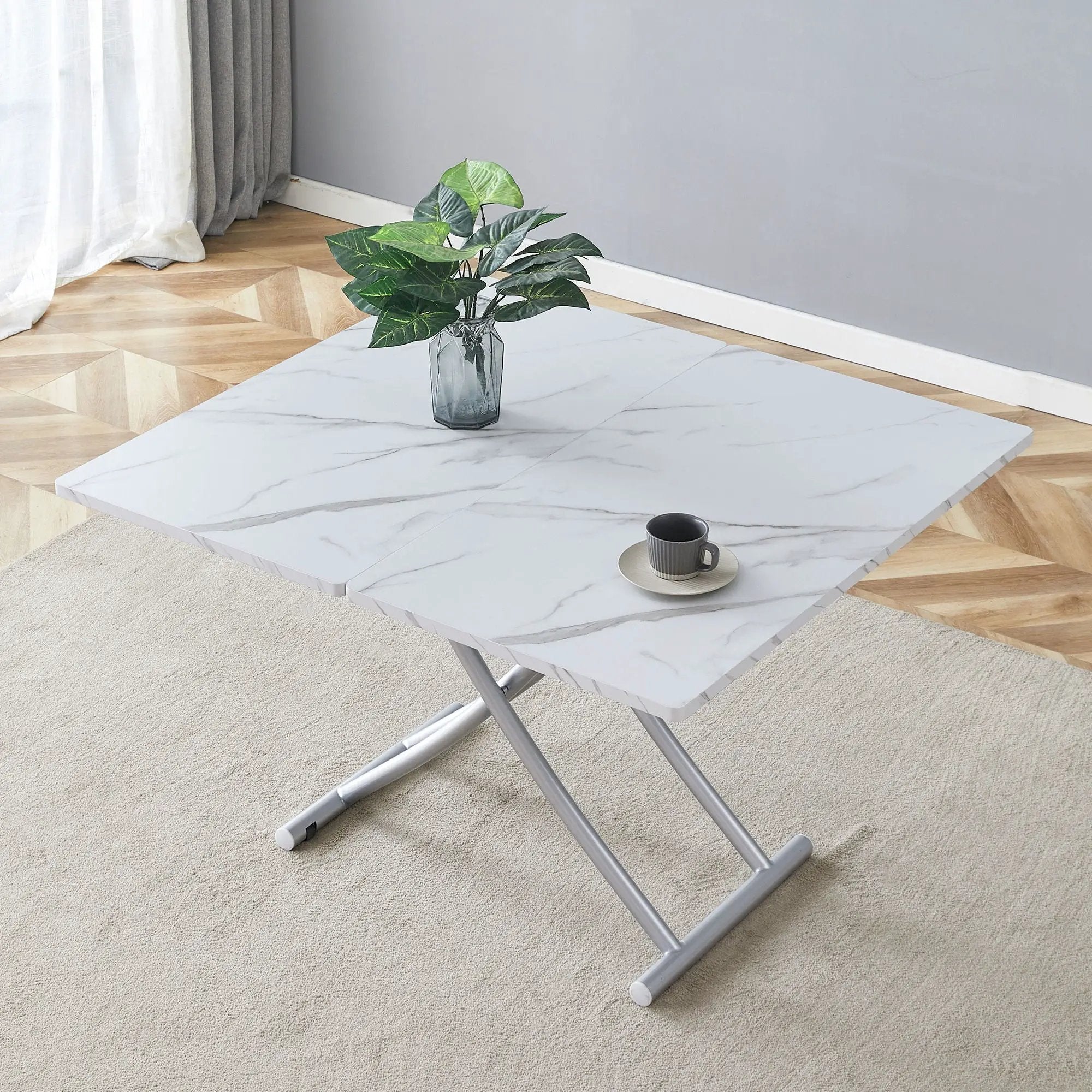 Modern Minimalist Multifunctional Lift Table With Metal Legs - White / Silver by HouseOfZazla