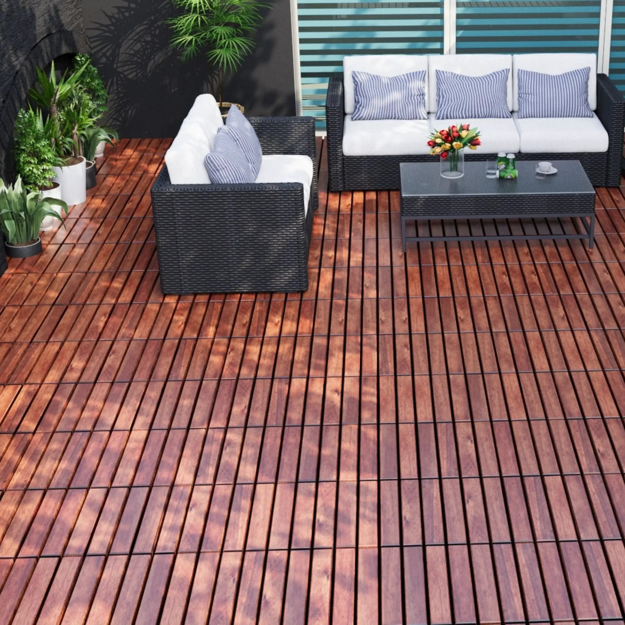Interlocking Deck Tiles Striped Pattern, Square Acacia Hardwood Outdoor Flooring For Patio, Bancony, Pool Side by HouseOfZazla