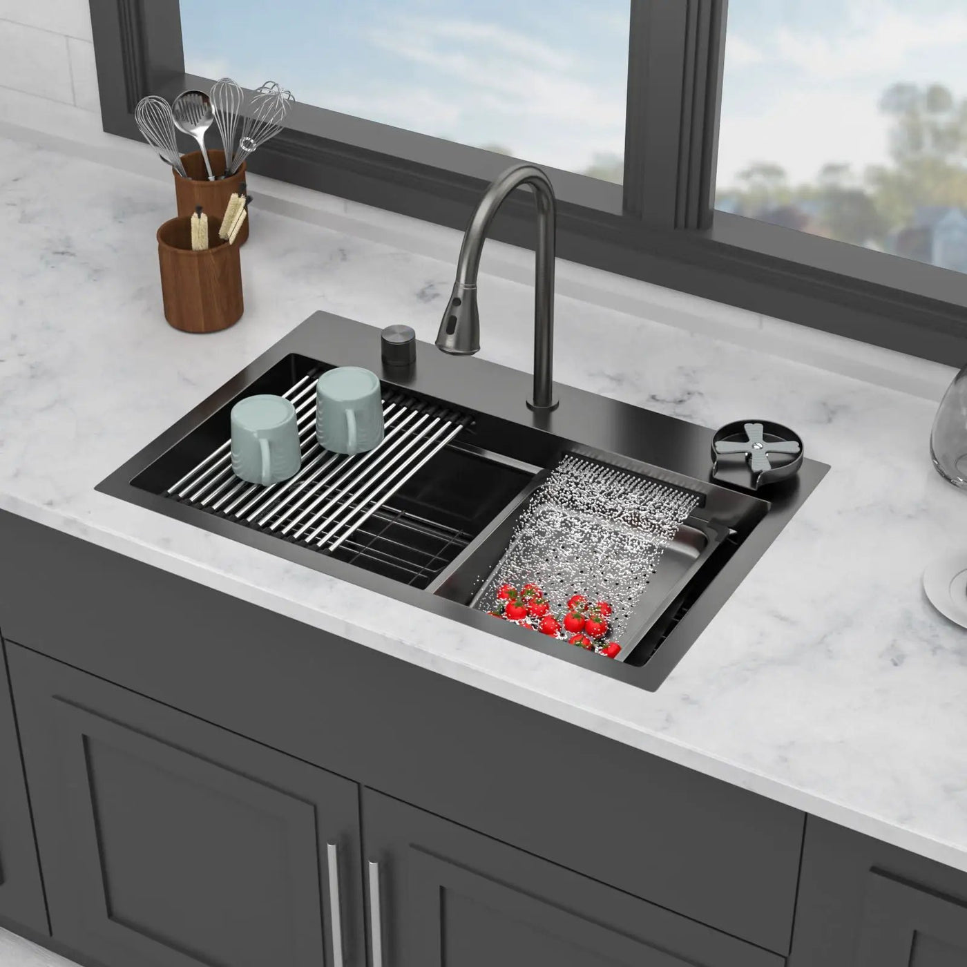 Drop In Waterfall Kitchen Sink With Pull-Out Faucet & Cup Washer by HouseOfZazla