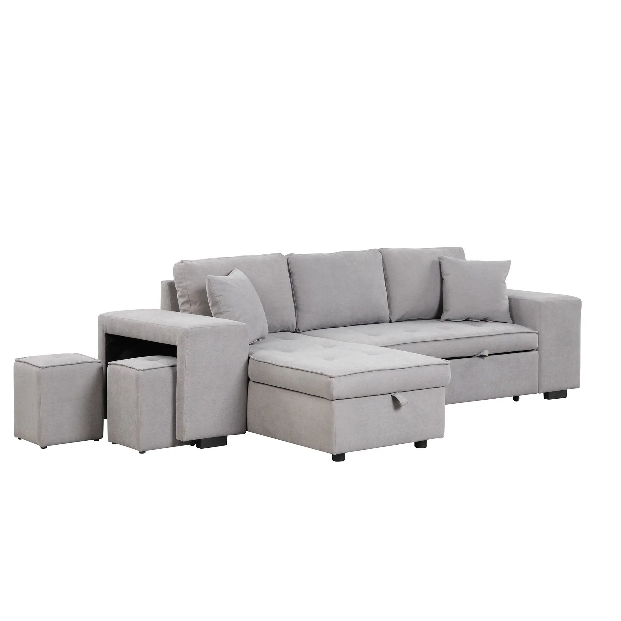 Modern L-Shape 3 Seat Reversible Sectional Couch, Pull Out Sleeper Sofa With Storage Chaise And 2 Stools For Living Room Furniture Set by HouseOfZazla