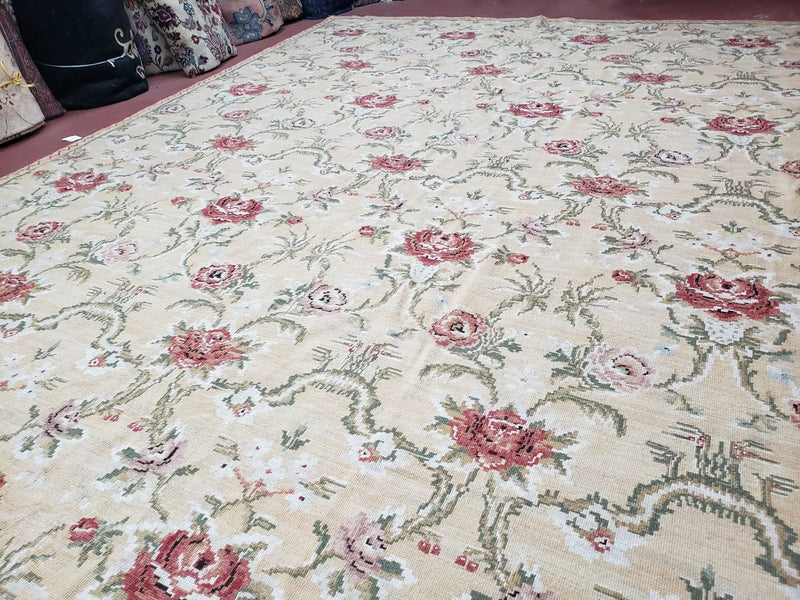 Needlepoint Rug 10x14 Wool Flatweave Carpet, English Floral Pattern, Pale Yellow, Roses, Allover Pattern, Handmade Large Needlepoint Nice by Jewel Rugs
