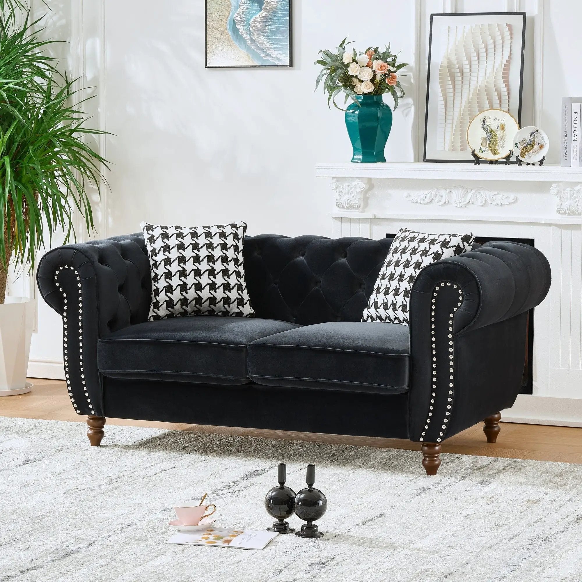 Chesterfield Upholstery Fabric Loveseat With Roll Armrest And Nailhead by HouseOfZazla