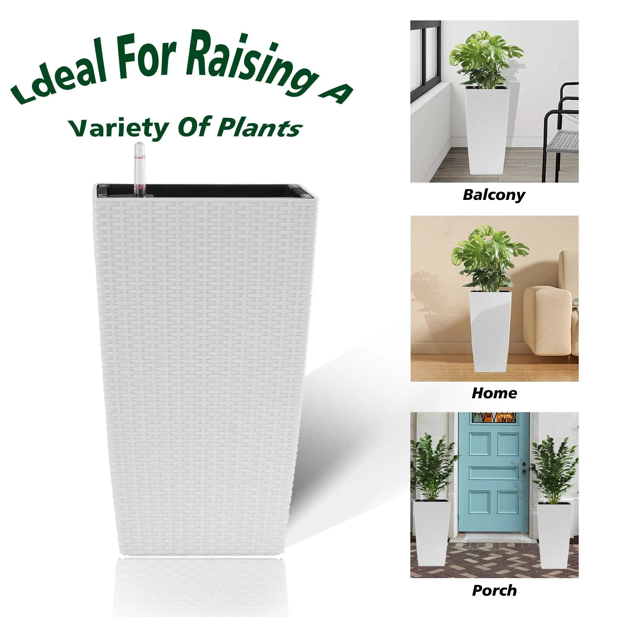 Indoor/Outdoor Modern Faux Rattan Design Square Planter, 22.6 inch White Plastic Large Planter with Automatic Watering System for Home and Garden (White, 22.6 inch - 2 Pack) by HouseOfZazla
