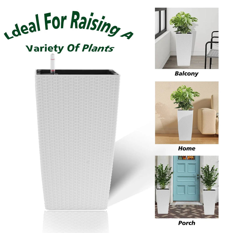 Indoor/Outdoor Modern Faux Rattan Design Square Planter, 22.6 inch White Plastic Large Planter with Automatic Watering System for Home and Garden (White, 22.6 inch - 2 Pack) by HouseOfZazla