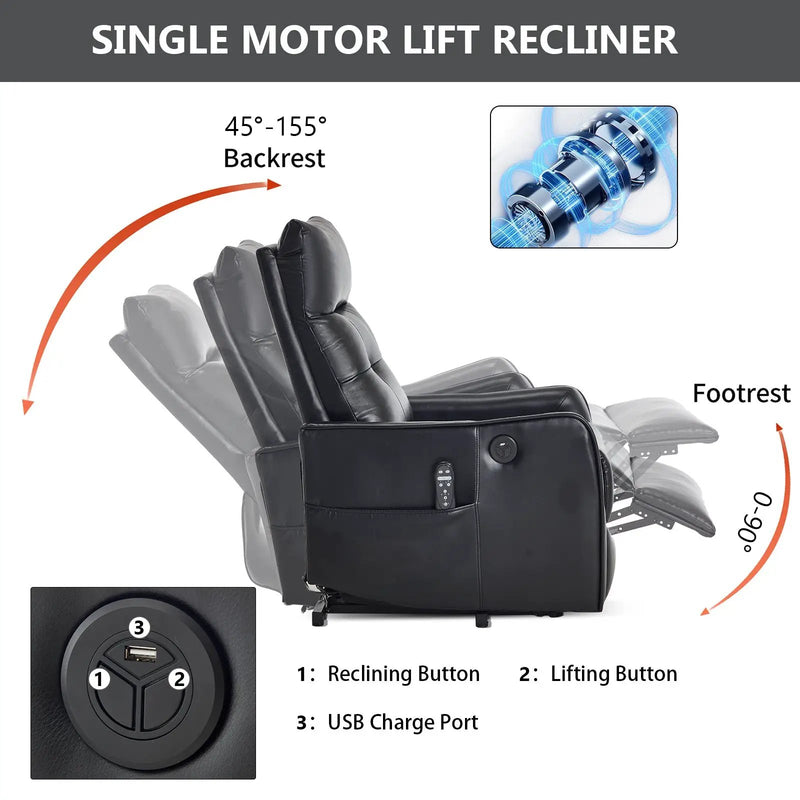 Black PU Single Motor Power Lift Recliner Chair by HouseOfZazla