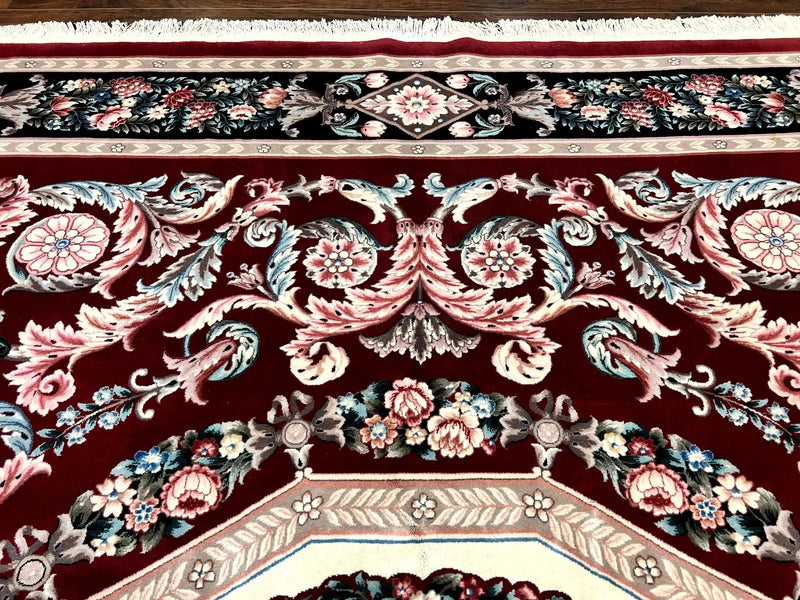 Chinese Aubusson Rug 9x12, Burgundy, Handmade Vintage Wool Carpet, Fine 210 KPSI, Elegant European Design by Jewel Rugs