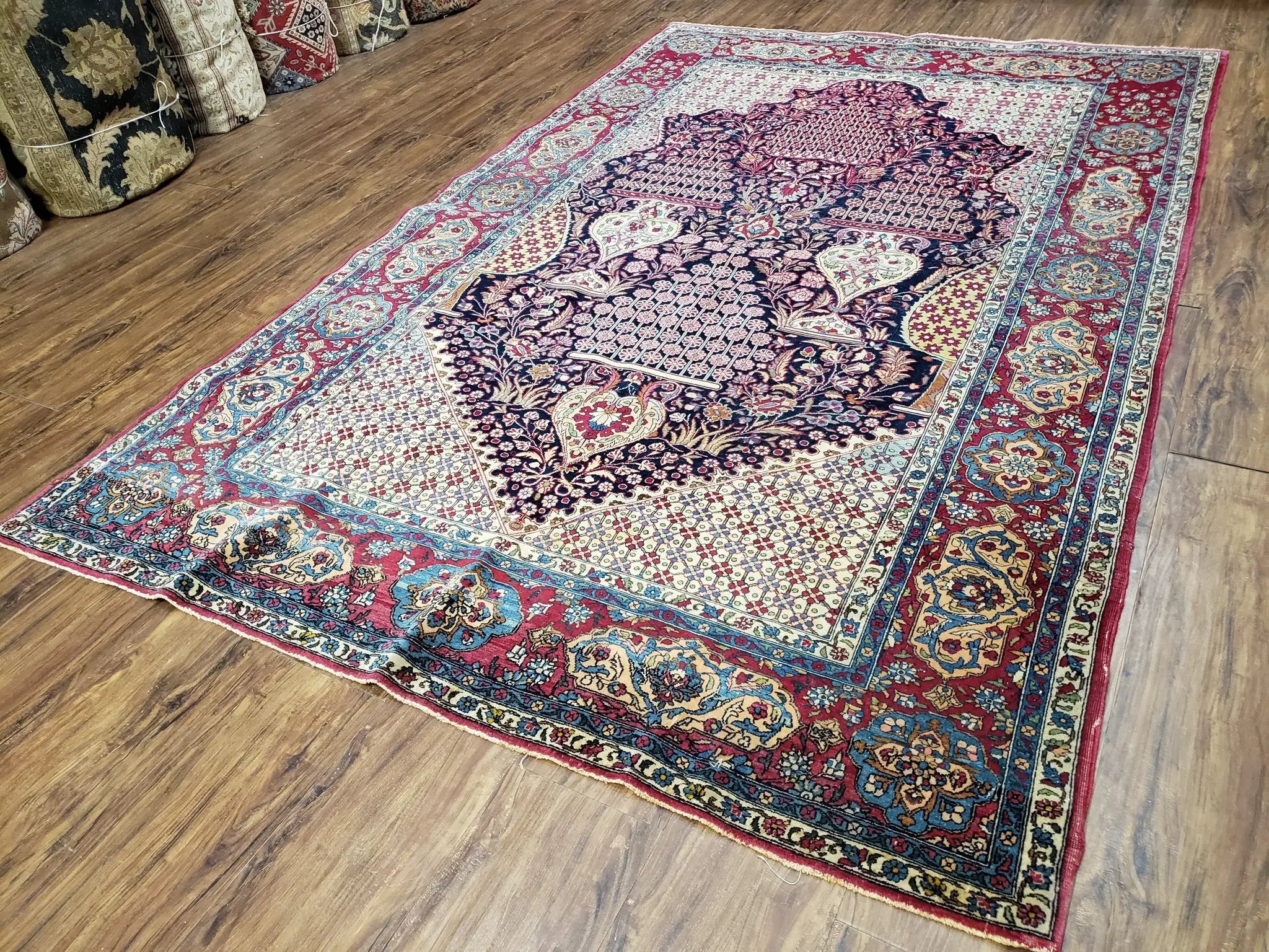 Antique Persian Tehran Rug 5x8, Midnight Blue and Red, Hand-Knotted, Wool by Jewel Rugs