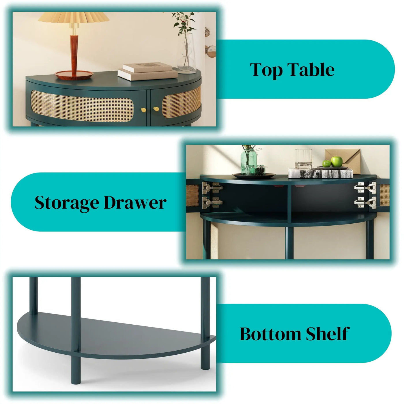 Boho Rattan Semi Circle End Table With Sliding Rattan Door, Storage And Bottom Shelf by HouseOfZazla