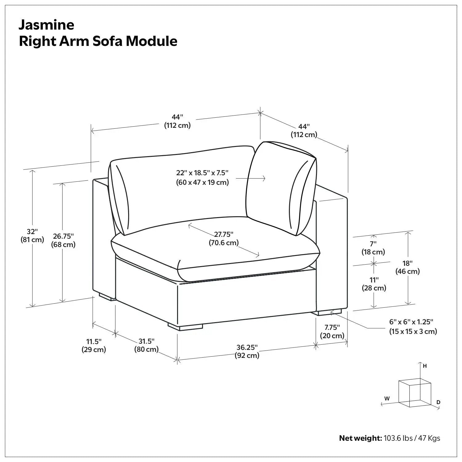 Jasmine - Right Arm Sofa Module - Gray by HouseOfZazla